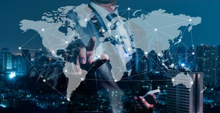 Double exposure of business man working with globalization concept and connected line, internet of...