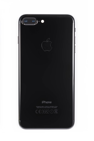 BANGKOK, THAILAND - NOVEMBER 20, 2016: Iphone7 Plus jet black series rear view on white plain floor, new generation of smartphone, smartphone without headphone jackのeditorial素材