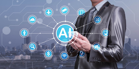 Businessman use smartphone with AI icons together with technology icons, Artificial inteligent conceptualの写真素材
