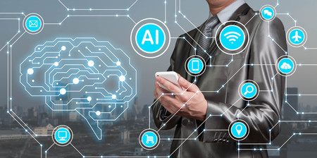Businessman use smartphone with AI icons together with technology icons, Artificial inteligent conceptualの写真素材