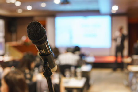Wireless microphone in seminar roomの写真素材