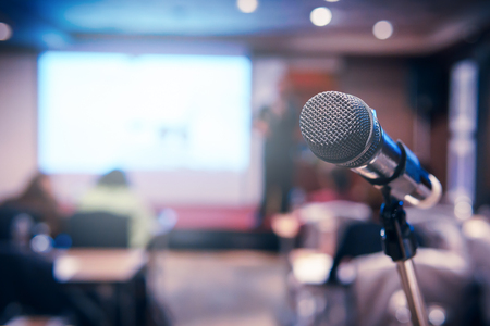 Wireless microphone in seminar roomの写真素材