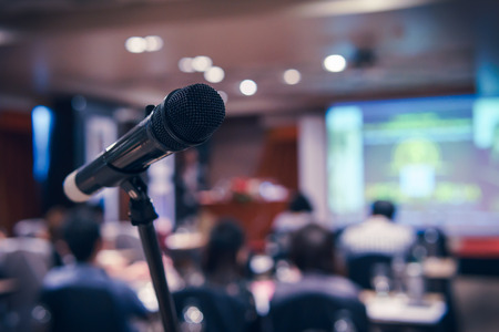 Wireless microphone in seminar roomの写真素材