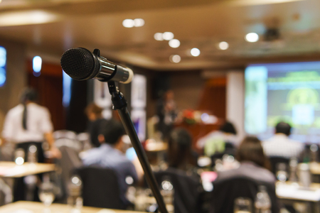 Wireless microphone in seminar roomの写真素材