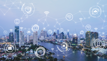 Cityscape with connecting dot technology of smart city conceptualの写真素材