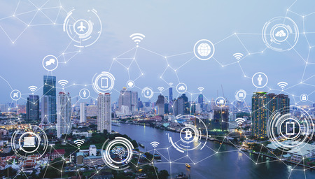Bleu high tech tone of city and connecting line for smart city conceptualの写真素材