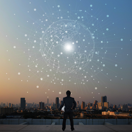 businessman stand on roof top of skyscrabber with graphic effect of technology globalization conceptの写真素材