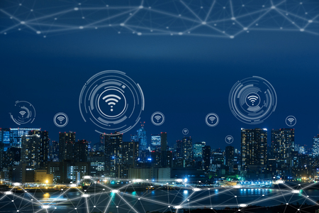 Cityscape with connecting dot technology of smart city conceptual