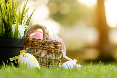 Decorated Eggs lay on grass prepared for Easter celebrationの写真素材