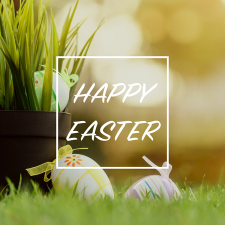 Decorated Eggs lay on grass prepared for Easter celebrationの写真素材