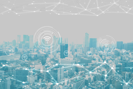 Cityscape with connecting dot technology of smart city conceptualの写真素材