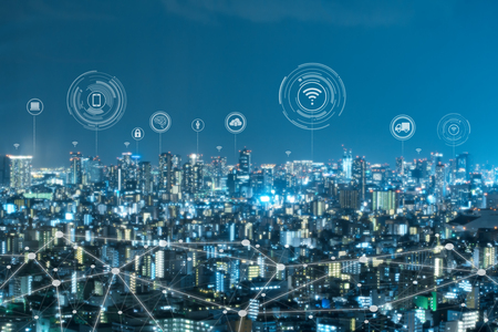 Cityscape with connecting dot technology of smart city conceptualの写真素材