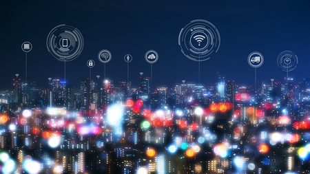 Cityscape with connecting dot technology of smart city conceptualの写真素材