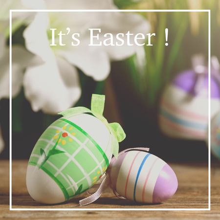 Decorative eggs with Easter text for easter celebrationの写真素材