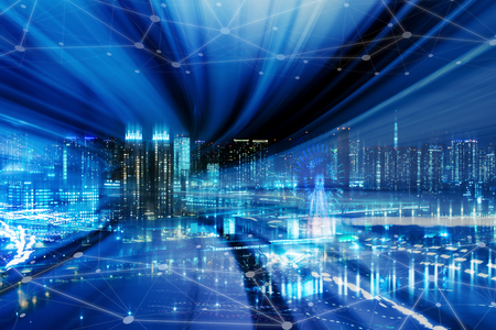 Cityscape with connecting dot technology of smart city conceptual, fast speed of data transfer on next generation internetの写真素材