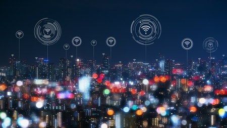 Cityscape with connecting dot technology of smart city conceptualの写真素材