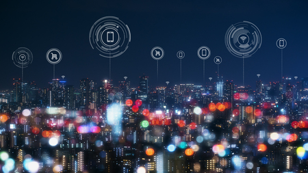 Cityscape with connecting dot technology of smart city conceptualの写真素材