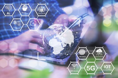 Techonology of futuristic of AI, machine learning, cyber security, block chain, crypto currency, big data, cloud computing, wireless access, 5g, internet of things conceptualの写真素材