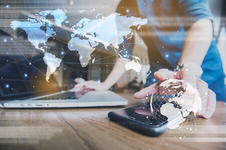 Globalization conceptual of technology use laptop and smartphone, wireless internet connection every...