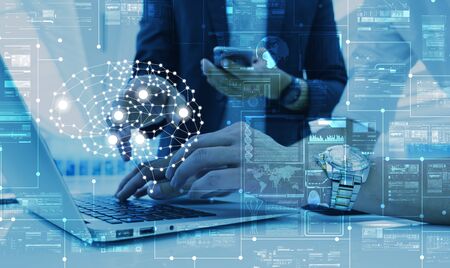 AI, artificial intelligence conceptual with computer interface of business team, big data management...