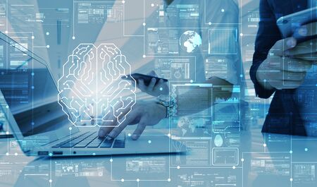 AI, artificial intelligence conceptual with computer interface of business team, big data management use AI technology computingの写真素材