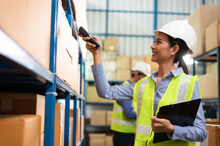 Warehouse woman staff use bar code scanner checking stock and supply on siteの写真素材