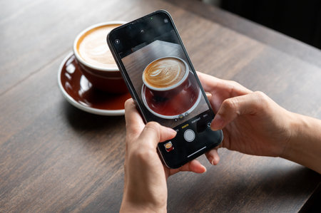 BANGKOK, THAILAND- 25th June 2022 : Hands woman using Iphone 13pro taking photo of a cup of latte in cafe for post in social mediaのeditorial素材