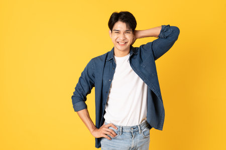 Smile happy asian man wearing shirt with jeans and laughing isolated on yellow backgroundの写真素材