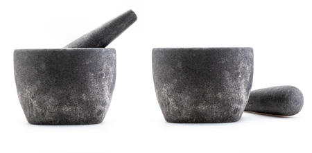 Stone mortar Rustic and coarse appearance. Isolated on white background. Two frontal views.