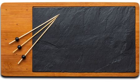 Empty table for cheeses and other openings. Copyspace (Copy space) Blackboard. Toothpick. Top View.