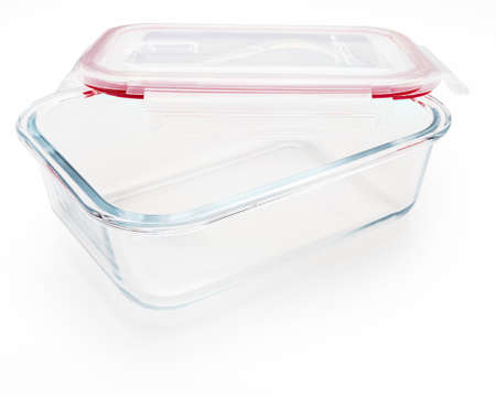 Empty and open glass tupperware. Isolated on white background.の写真素材