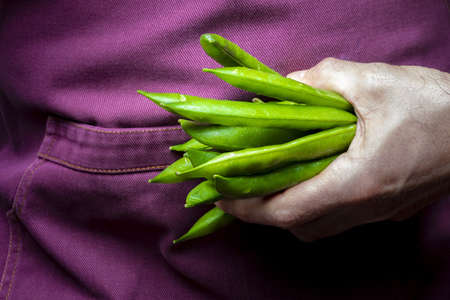 Shopkeeper offering green, tender, fresh and raw peas. Foreground.