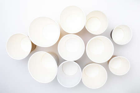 Background of empty paper cups (Take away). Top view.の写真素材