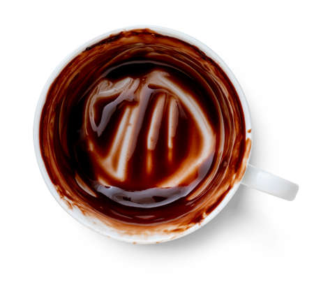 Cup of delicious drinkable and thick hot chocolate. Empty chocolate bowl isolated on white background and copy space.の写真素材