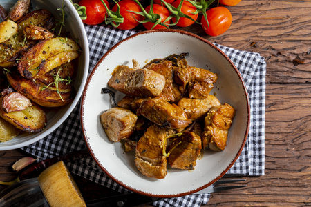 Appetizing stew of pork tenderloin meat cooked in the wok, cut into cubes. With roasted and golden potatoes, garlic, salt, oregano and fresh tomatoes. Homemade look. Top view.の写真素材