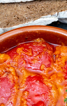 Peppers (del Piquillo) stuffed with meat or fish. Roasted red peppers and fillings made at home. Recipe of Spanish food and Mediterranean diet. With delicious sauce to spread bread.の写真素材