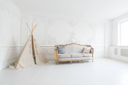 Modern luxury child room interior with bed and play tent.の写真素材