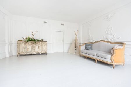 Luxurious light interior of the room with stucco on the walls, sofa, wigwam and chest of drawers decorated with plants.の写真素材