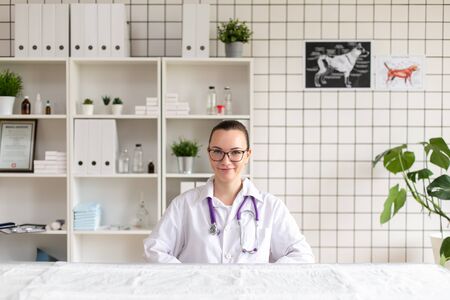 Portrait of a veterinarian in the office of the clinic for the clinic. Soft focus.の写真素材