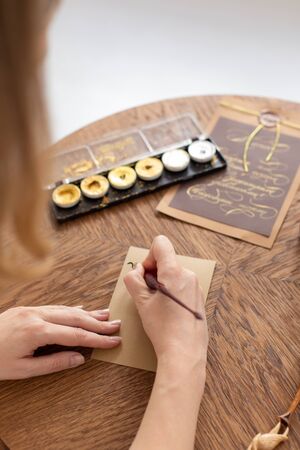 A calligrapher woman is holding a pen with ink in front of an empty postcard before starting work. Soft focus.の写真素材