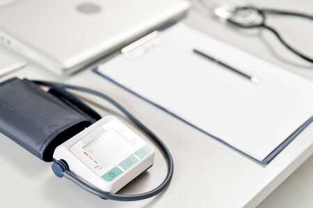 Medical equipment and Laptop computer on Doctor workspace.の写真素材