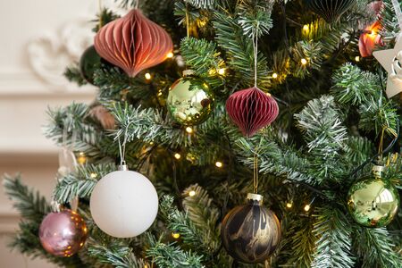 Closeup of Christmass decoration toys hanging on Chtistmass treeの写真素材