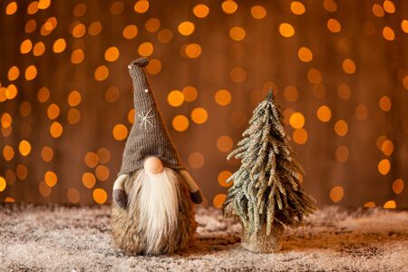 Little figure of spruce stnds next to toy gnome. Selective focusの写真素材