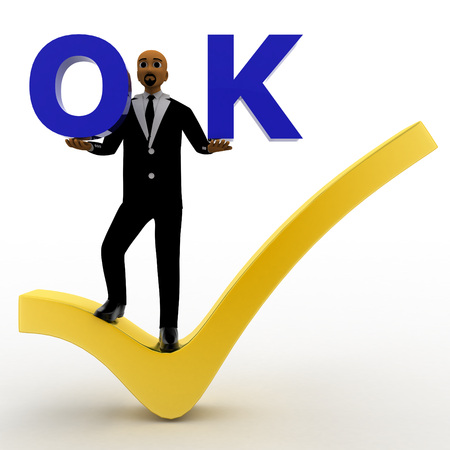 3d Business Man Wearing Coat And Tie Presenting Ok Tick Concept  On White Isolated Backgroundの写真素材
