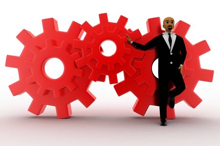 3d Business Man Wearing Coat And Tie Lying On Red Gears Concept On White Isolated Backgroundの写真素材