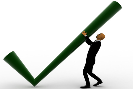 3d Business Man Wearing Coat And Tie Holding Green Tick Concept On White Backgroundの写真素材