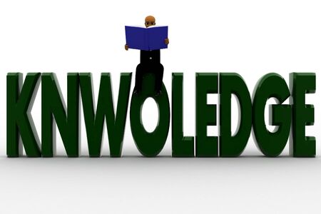 3d Business Man Wearing Coat And Tie Reading Books While Stting On Knwoledge Text Concept On White...