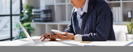 Business bookkeeper working with financial report in in office. accountant or financial manager...