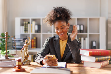 African American Lawyer woman afro hair with phone call, documents and reading thinking for crime...