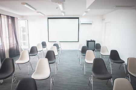 empty conference room with large boardの写真素材